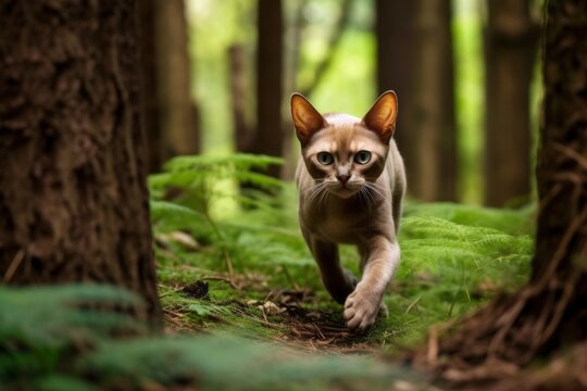 Full-length portrait photography of a cute burmese cat hopping against a forest background. With generative AI technology