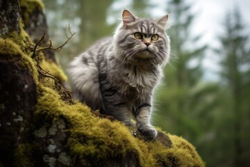 Naklejka na ściany i meble Full-length portrait photography of a happy selkirk rex cat wall climbing against a forest background. With generative AI technology