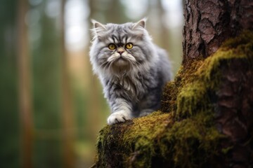 Naklejka na ściany i meble Full-length portrait photography of a happy selkirk rex cat wall climbing against a forest background. With generative AI technology