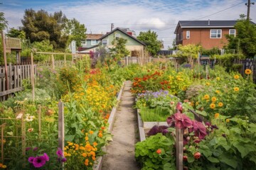 community garden with colorful flowers and vegetables, created with generative ai