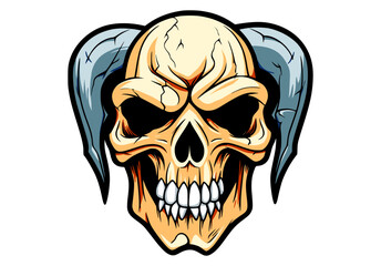 Skull sign or icon with horns. Mascot skull emblem with outline.