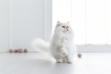 Full-length portrait photography of a happy persian cat playing against a minimalist or empty room background. With generative AI technology