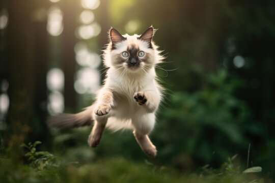 Lifestyle portrait photography of a cute balinese cat leaping against a forest background. With generative AI technology