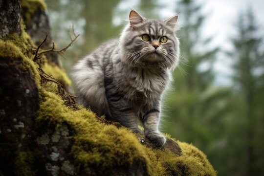 Full-length portrait photography of a happy selkirk rex cat wall climbing against a forest background. With generative AI technology