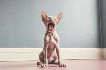 Full-length portrait photography of a smiling sphynx cat growling against a minimalist or empty room background. With generative AI technology
