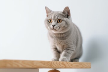 Lifestyle portrait photography of a cute british shorthair cat climbing against a minimalist or empty room background. With generative AI technology