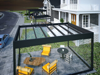Sunroom at patio of American house. Winter Garden. 3d rendering
