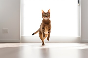 Environmental portrait photography of a funny abyssinian cat hopping against a minimalist or empty room background. With generative AI technology