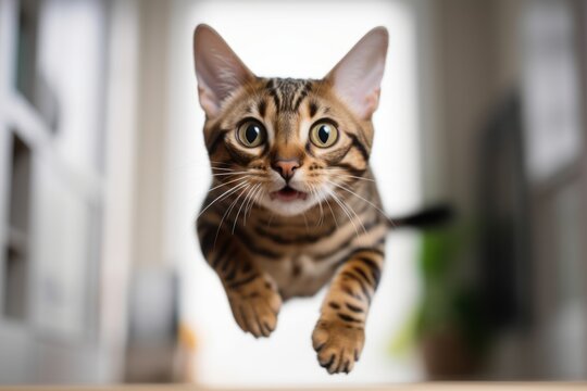 Close-up portrait photography of a cute bengal cat jumping against a minimalist or empty room background. With generative AI technology