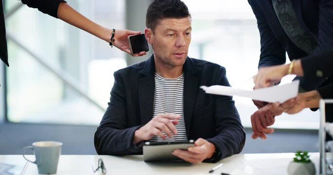 Documents, phone and overwhelmed businessman in office multitasking with colleagues. Deadline, digital tablet and professional male manager with paperwork and cellphone from employees in workplace.