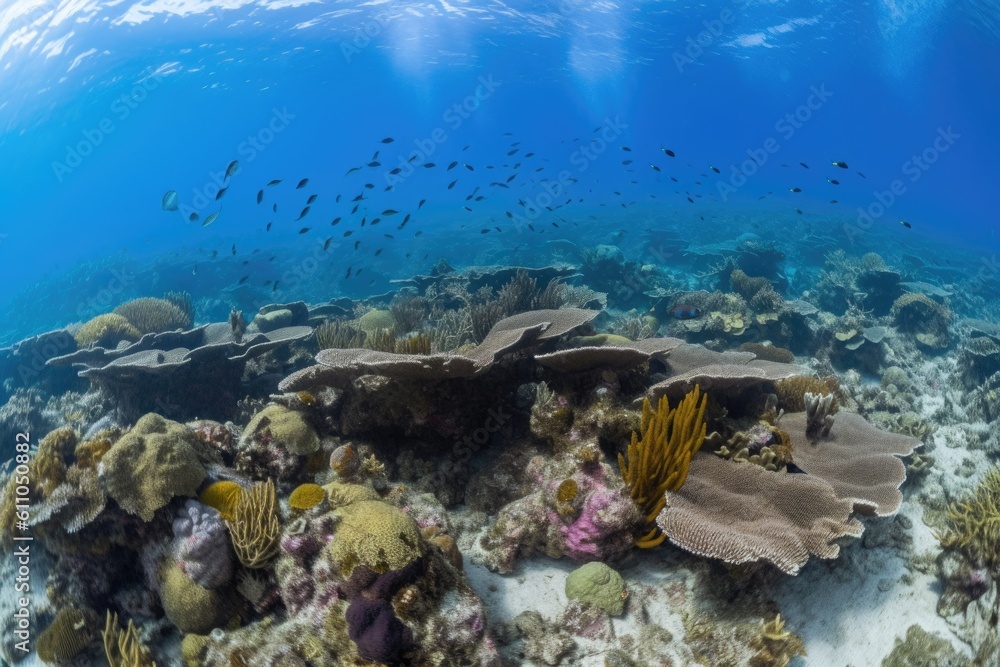 Wall mural coral reef habitat, with schools of fish swimming in the foreground, created with generative ai