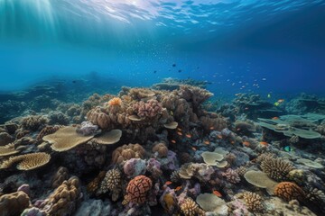 coral reef with schools of brightly colored fish swimming among the corals, created with generative ai