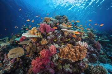 Fototapeta na wymiar coral reef with schools of brightly colored fish swimming among the corals, created with generative ai