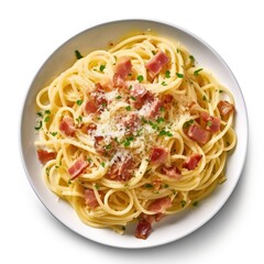 A delicious plate of spaghetti carbonara photographed from above with a white background (Generative AI, Generativ, KI)