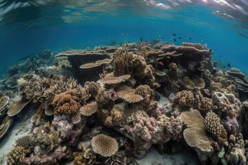 Naklejka na ściany i meble coral reef community with diverse species of fish, eels, and octopuses, created with generative ai