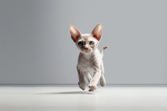 Lifestyle portrait photography of a cute devon rex cat sprinting against a minimalist or empty room background. With generative AI technology