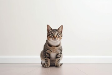 Fototapeta na wymiar Environmental portrait photography of a smiling tabby cat crouching against a minimalist or empty room background. With generative AI technology
