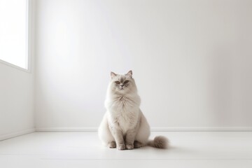 Lifestyle portrait photography of a funny neva masquerade cat crouching against a minimalist or empty room background. With generative AI technology