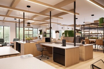 co-working space in modern office with communal seating and natural lighting, created with generative ai