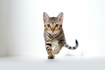 Full-length portrait photography of a funny ocicat sprinting against a minimalist or empty room background. With generative AI technology