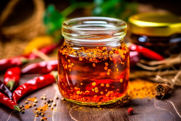 Fototapeta na wymiar Chili oil in jar on the kitchen. Generative AI