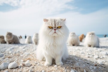 Group portrait photography of a curious persian cat skulking against a beach background. With generative AI technology