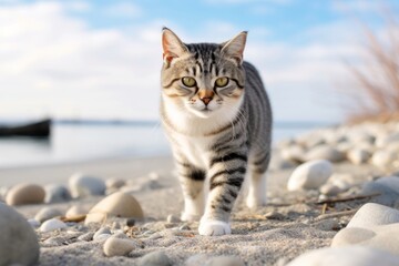 Conceptual portrait photography of a happy american shorthair cat exploring against a beach background. With generative AI technology