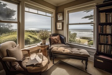 cozy reading nook with view of the beach, and a glass of wine to complete the scene, created with generative ai