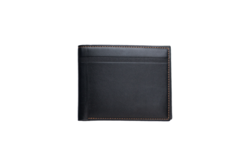 Top view of black leather wallet on transparent background. PNG format