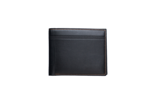 Top view of black leather wallet on transparent background. PNG format