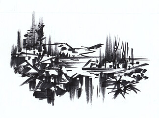 landscape with trees and waterfall pen drawing for card decoration illustration