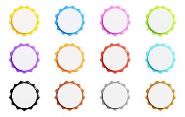 Starburst sticker 3d render set - collection of round sun burst or star shape badges for promo.