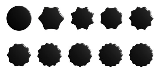 Black starburst sticker 3d render set - collection of round sun burst or star shape badges for promo.