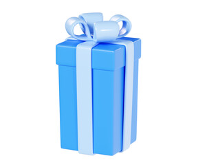 Gift box 3d render illustration - closed blue cube present pack decorated with ribbon and bow.