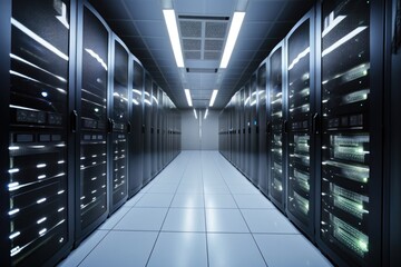 data center, with view into server room, showing racks of servers and humming cooling systems, created with generative ai