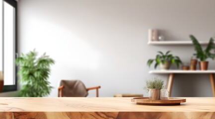 empty wooden table for product display, blurred minimal apartment interior background, generative ai