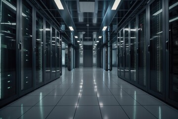 Fototapeta premium modern data center, with sleek and clean design, for high-tech companies and startups, created with generative ai