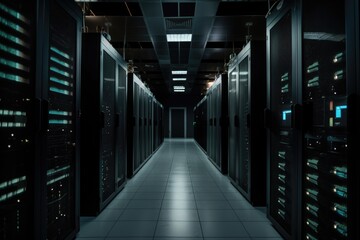 data center with massive server racks, each one filled with servers and hard drives, created with generative ai