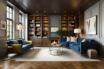 Fototapeta na wymiar living room interior with storage units and wall to wall almirahs - Generative AI Technology