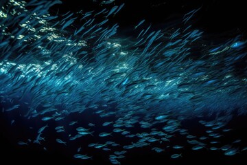 Fototapeta na wymiar school of fish swimming together, creating a mesmerizing display of bioluminescence, created with generative ai