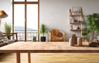 Minimalist Living Room with Wooden Furniture and Window View, generative ai generated