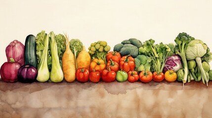 many vegetables in a row with soil on a white background, watercolor. healthy food concept, copy space. generated by AI