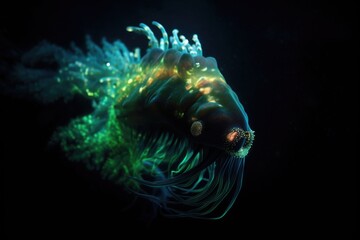 deep-sea creature swimming in the darkness with its bioluminescent lights shining, created with generative ai
