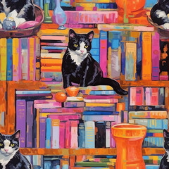 Cats pop art colorful seamless repeat pattern - abstract art, trippy psychedelic
