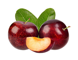 red cherry plum with green leaves isolated on transparent png