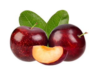 red cherry plum with green leaves isolated on transparent png