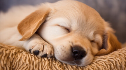 Golden Slumber: A Captivating Portrait of a Sleeping Blond Puppy. Generative AI