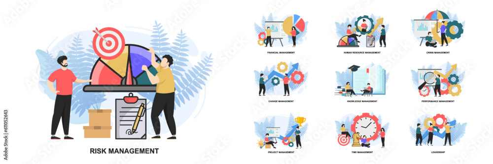Poster set of web page design templates for management web page composition with leadership, time managemen