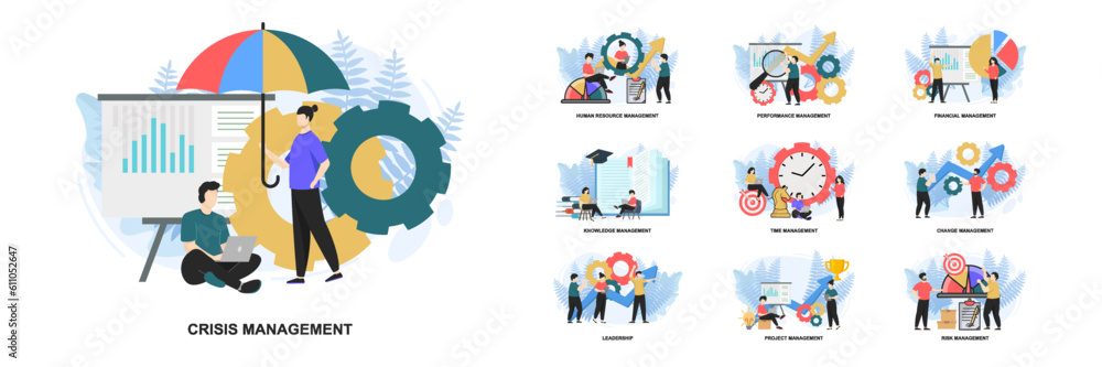 Poster set of web page design templates for management web page composition with leadership, time managemen