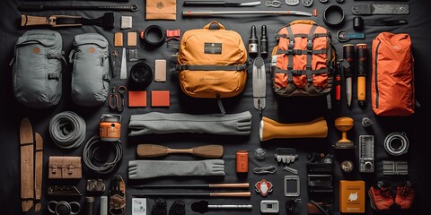 AI Generated. AI Generative. Camping adventure tool equipment different tools. Outdoor wild lifestyle vibe. Graphic Art